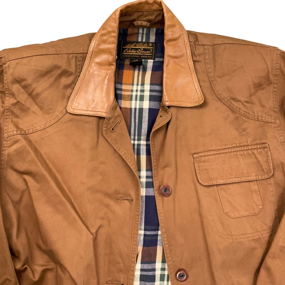 Eddie Bauer Jacket Mens Large Tan‎ Canvas Leather Outdoor Blanket Chore Coat